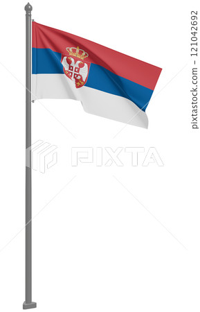 3D illustration of the fluttering flag of the Republic of Serbia (front view) 121042692
