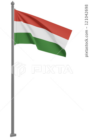 3D illustration of Hungarian fluttering flag (front view) 3D illustration of Hungarian fluttering flag (front view) 121042698