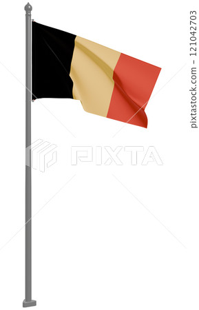 3D illustration of the waving flag of the Kingdom of Belgium (front view) 3D illustration of the waving flag of the Kingdom of Belgium (front view) 121042703