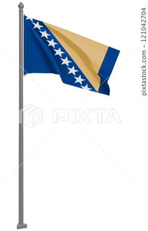 3D illustration of the fluttering flag of Bosnia and Herzegovina (front view) 121042704