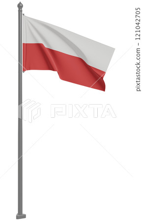 飄揚的波蘭共和國國旗 3D 插圖(前視圖) 飄揚的波蘭共和國國旗 3D 插圖(前視圖) 121042705