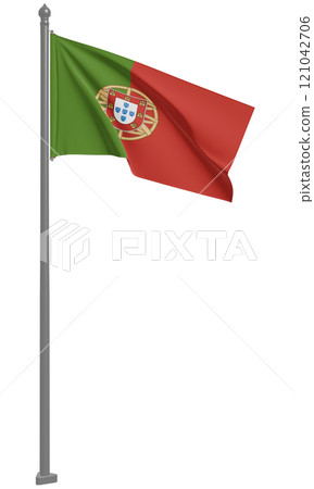 葡萄牙共和國飄揚的國旗 3D 插圖(前視圖) 葡萄牙共和國飄揚的國旗 3D 插圖(前視圖) 121042706