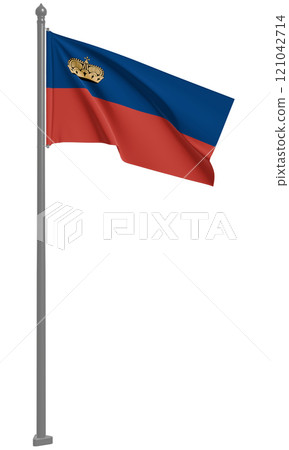 3D illustration of the Principality of Liechtenstein fluttering flag (front view) 3D illustration of the Principality of Liechtenstein fluttering flag (front view) 121042714
