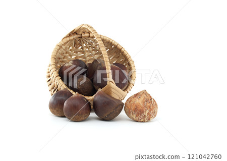 Fresh Chestnuts in Woven Basket on White Background Fresh Chestnuts in Woven Basket on White Background 121042760