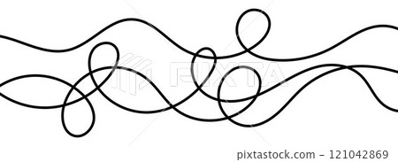 Thin squiggly lines. Wavy wiggle stripe pattern decoration. Curvy thread, string or yarn lines for ornament, decor, separate, divider. Tangled squiggle linear doodle shapes. Vector 121042869
