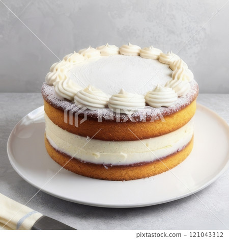 Product shot of white cream cake on plate 121043312