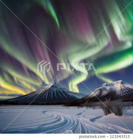Northern light with snow mountain 121043313