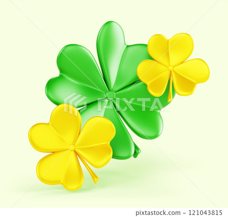 Clover shamrock 3d render icon. Irish pattern with green and gold leaf, symbol of St Patrick day. Three four lucky grass leaves, cartoon isolated design element. Festive spring banner. 3D illustration Clover shamrock 3d render icon. Irish pattern with green and gold leaf, symbol of St Patrick day. Three four lucky grass leaves, cartoon isolated design element. Festive spring banner. 3D illustration 121043815