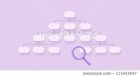 Sitemap 3D icon with magnifier. Flowchart UI UX. Vector illustration. Architecture site concept. SEO optimization. Perfect for web and app interfaces, infographics 121043847