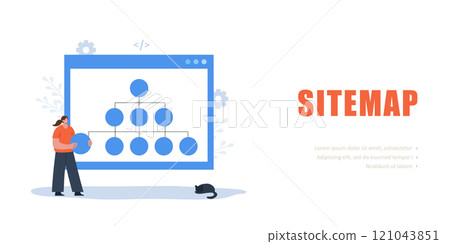 Sitemap Creation concept. Female Developer optimization site structure. Website navigation for the user. Vector illustration Sitemap Creation concept. Female Developer optimization site structure. Website navigation for the user. Vector illustration 121043851
