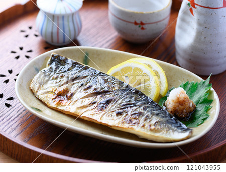 Grilled mackerel with salt Grilled mackerel with salt 121043955