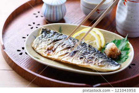 Grilled mackerel with salt Grilled mackerel with salt 121043958
