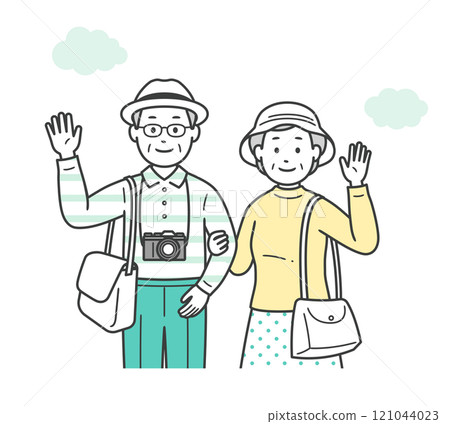 Upper body illustration of a friendly elderly couple having fun on a trip 121044023