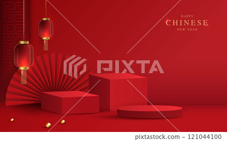 Chinese new year 2025 year of the snake for product. podium, backdrop, products showcase and promotion display on red background. lunar new year concept. vector design. 121044100