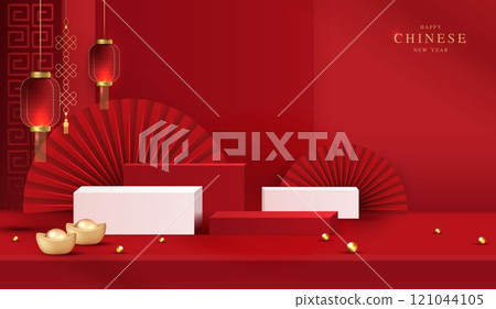 Chinese new year 2025 year of the snake for product. podium, backdrop, products showcase and promotion display on red background. lunar new year concept. vector design. Chinese new year 2025 year of the snake for product. podium, backdrop, products showcase and promotion display on red background. lunar new year concept. vector design. 121044105
