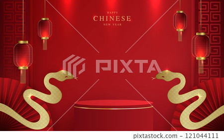 Chinese new year 2025 year of the snake for product. podium, backdrop, products showcase and promotion display on red background. lunar new year concept. vector design. Chinese new year 2025 year of the snake for product. podium, backdrop, products showcase and promotion display on red background. lunar new year concept. vector design. 121044111