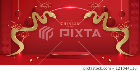 Chinese new year 2025 year of the snake for product. podium, backdrop, products showcase and promotion display on red background. lunar new year concept. vector design. 121044116