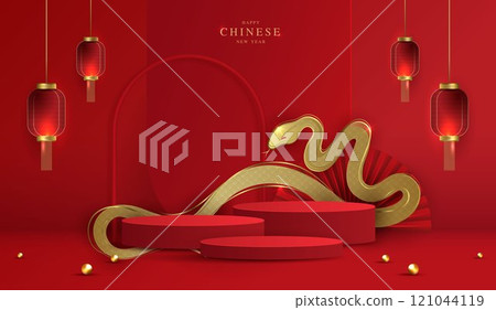 Chinese new year 2025 year of the snake for product. podium, backdrop, products showcase and promotion display on red background. lunar new year concept. vector design. 121044119