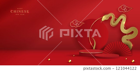 Chinese new year 2025 year of the snake for product. podium, backdrop, products showcase and promotion display on red background. lunar new year concept. vector design. 121044122