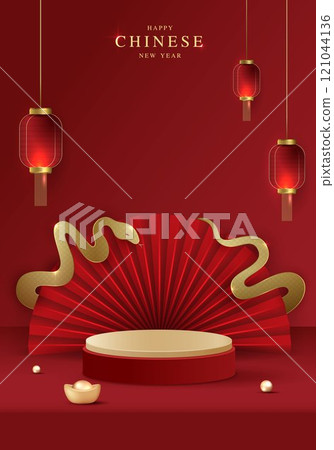 Chinese new year 2025 year of the snake for product. podium, backdrop, products showcase and promotion display on red background. lunar new year concept. vector design. Chinese new year 2025 year of the snake for product. podium, backdrop, products showcase and promotion display on red background. lunar new year concept. vector design. 121044136