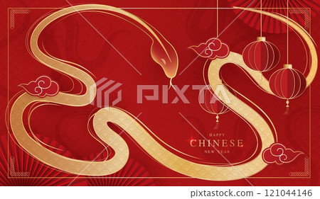 Chinese new year 2025 of the snake banner template design with snake, chinese lantern and chinese fan red background. red traditional chinese vector design with snake. Chinese new year 2025 of the snake banner template design with snake, chinese lantern and chinese fan red background. red traditional chinese vector design with snake. 121044146