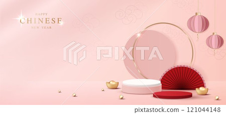 Chinese new year 2025 year of the snake for product. podium, backdrop, products showcase and promotion display on pink background. lunar new year concept. vector design. 121044148
