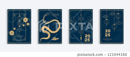 Chinese new year 2025 modern art design set in blue gold background. Lunar new year 2025 for cover, card, poster website, calendar and banner. symbol of of the snake. vector design. 121044168