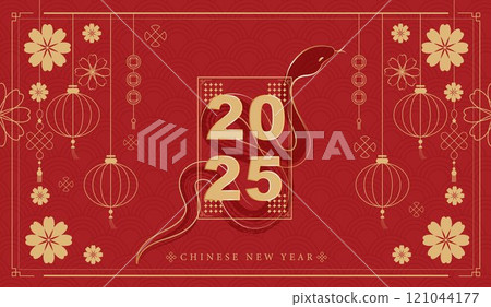 Chinese new year 2025 of the snake banner template design with snake, chinese lantern and chinese fan red background. red traditional chinese vector design with snake. Chinese new year 2025 of the snake banner template design with snake, chinese lantern and chinese fan red background. red traditional chinese vector design with snake. 121044177