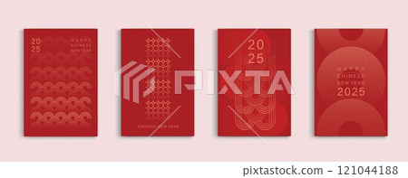 Chinese new year 2025 modern art design set in red gold background. Lunar new year 2025 for cover, card, poster website, calendar and banner. symbol of of the snake. vector design. 121044188
