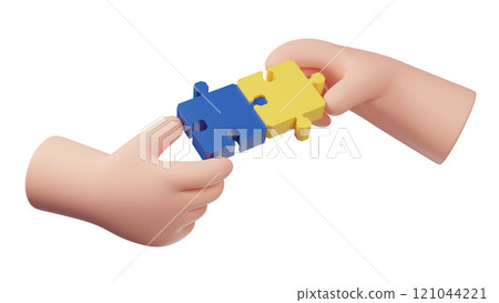 3D jigsaw puzzle pieces. Hand holding puzzle pieces. Symbol of teamwork. Business solutions, success and strategy concept. 121044221