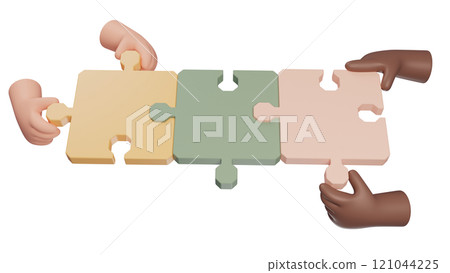 Team work diversity concept. hand hold jigsaw puzzle 121044225