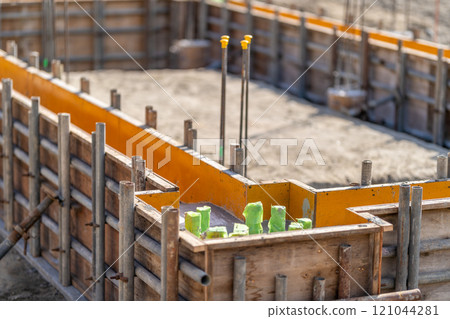 Formwork work, foundation work, construction site Formwork work, foundation work, construction site 121044281