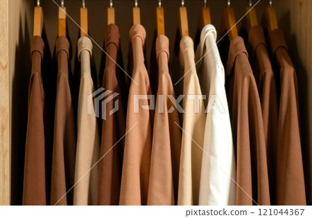 Close-up of hangers with clothes in a row. Clothes in the closet, in brown and beige colors. Trendy wardrobe, fashion concept 121044367