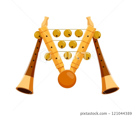 Flute and bell tambourine musical instrument font M letter. Acoustic woodwind instrument latin alphabet symbol, sound festival music equipment English ABC vector element, font or typeset letter Flute and bell tambourine musical instrument font M letter. Acoustic woodwind instrument latin alphabet symbol, sound festival music equipment English ABC vector element, font or typeset letter 121044389