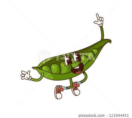 Groovy pea vegetable character cheerfully jumping, displaying juicy grains inside of the open green pod. Isolated cartoon vector playful veg personage wearing sneakers, conveys fun healthy eating vibe 121044451