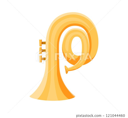 French horn musical instrument font P letter. Band classic equipment font typeset symbol, orchestra brass musical instrument or sound festival horn latin alphabet vector letter, English ABC element 121044460