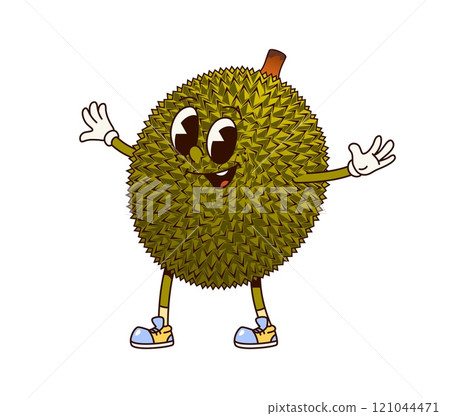Cartoon groovy durian fruit, funny character with happy smiling face, vector funky comic. Groovy retro cartoon tropical fruit durian with smile and silly expression and good vibe relax gesture 121044471