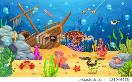 Cartoon underwater landscape game background with sunken ship and turtle, fish shoals and sea animal characters, vector UI asset. Funny sea turtle, squid, crab and seahorse at underwater landscape Cartoon underwater landscape game background with sunken ship and turtle, fish shoals and sea animal characters, vector UI asset. Funny sea turtle, squid, crab and seahorse at underwater landscape 121044478