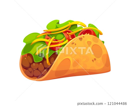 Cartoon Mexican taco with a crispy shell, filled with seasoned meat, fresh lettuce, tomatoes, and shredded cheese. Isolated vector traditional tex mex food, Hispanic cuisine snack, dish of Mexico 121044486