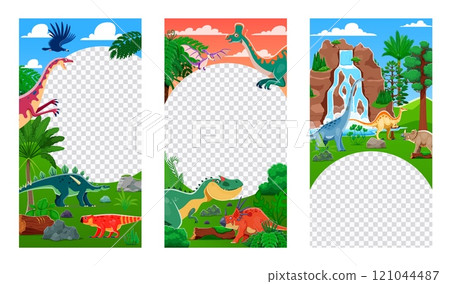 Dino party flyer templates with prehistoric dinosaurs in lush, jungle forest landscape. Vector frames or borders for promoting adventurous dinosaur themed events, parks, parties or kids entertainment 121044487