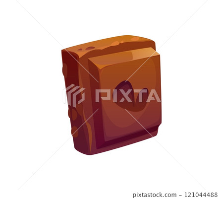 Cartoon chocolate square piece, sweet indulgent dessert with carved heart symbol in the center. Isolated vector chocolate treat, sugary food, confectionery has a smooth, glossy surface in brown tones 121044488