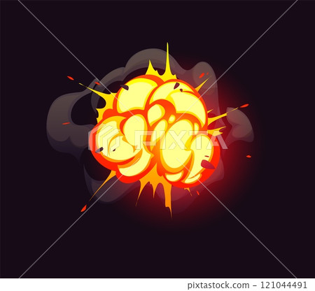 Cartoon boom cloud, bomb blast explosion effect, comic fire and smoke. Vector dynamic vivid orange and yellow bursts of fire, dynamite burst or the atomic war impact surrounded by black smoke clouds 121044491