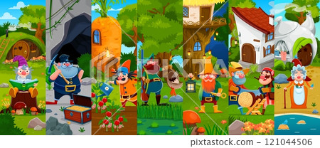 Fairytale cartoon gnome and dwarf characters collage, vector background. Fairy tale gnome village collage with funny dwarf workers characters, gardener or farmer, miner and hunter or woodworker 121044506