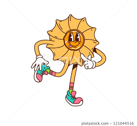 Cartoon groovy cookie, pastry and bakery character with a circular shape and ruffled edges. Isolated vector fun and energetic biscuit retro personage joyfully posing with playful face and tongue out Cartoon groovy cookie, pastry and bakery character with a circular shape and ruffled edges. Isolated vector fun and energetic biscuit retro personage joyfully posing with playful face and tongue out 121044516