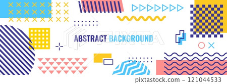 Abstract geometric modern Memphis banner with color and shape elements, vector background. Memphis pattern banner with modern or retro Y2K geometric shapes and isometric elements or minimal figures 121044533