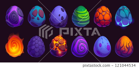 Dragon and dinosaur monster eggs, game asset. Vector UI elements of cartoon fantasy crystal ice, fire flame, magma and cracked stone eggs of dino reptile, fairytale dragon animal or phoenix bird 121044534