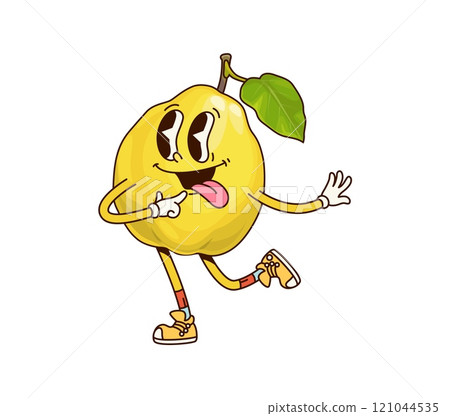 Groovy tropical quince fruit character in a playful pose. Cartoon vector fun and smiling personage with green leaf, quirky facial expression, sticking tongue, smiling and showing positive funky vibes Groovy tropical quince fruit character in a playful pose. Cartoon vector fun and smiling personage with green leaf, quirky facial expression, sticking tongue, smiling and showing positive funky vibes 121044535