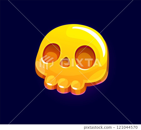Golden skull icon, game asset or mobile app button. Isolated cartoon vector glossy yellow metal skull with large eye sockets and teeth combines spooky and cute elements for Halloween or pirate games 121044570