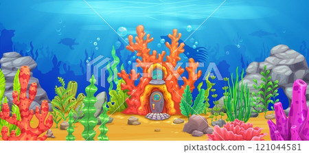 Cartoon sea underwater landscape with reef coral house, game background. Vector gaming location level with vibrant reefs, marine flora and enchanting aquatic life, captures the beauty of ocean depths Cartoon sea underwater landscape with reef coral house, game background. Vector gaming location level with vibrant reefs, marine flora and enchanting aquatic life, captures the beauty of ocean depths 121044581