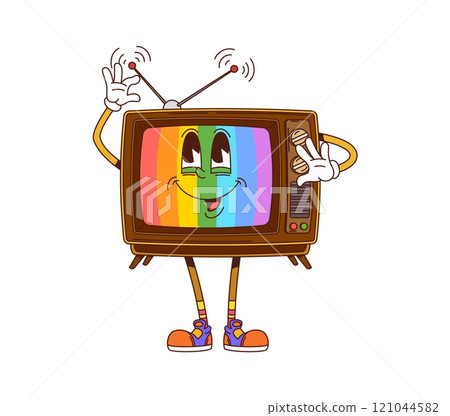 Retro groovy tv set character. Isolated cartoon vector zany, television personage with bright, psychedelic stripes on screen, antennas, expressive eyes and wide, charismatic smile, exuding a 70s vibe 121044582